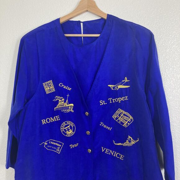 Vintage Strictly Silk Shirt Womens Medium Travel Embroidered Rome Venice St - Picture 1 of 16